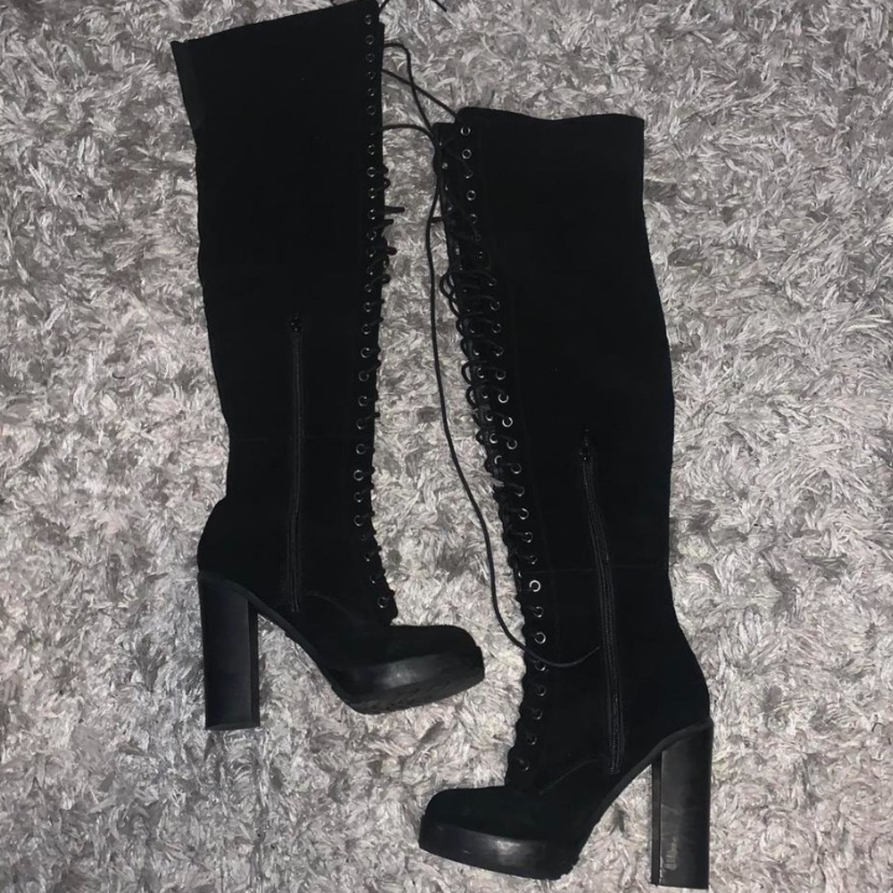 black thigh high lace up platform heel boots